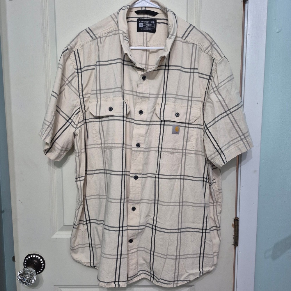 Carhartt Mens 2XL Loose Fit Short Sleeve Plaid Button Down Shirt Cream Grey - Picture 2 of 5